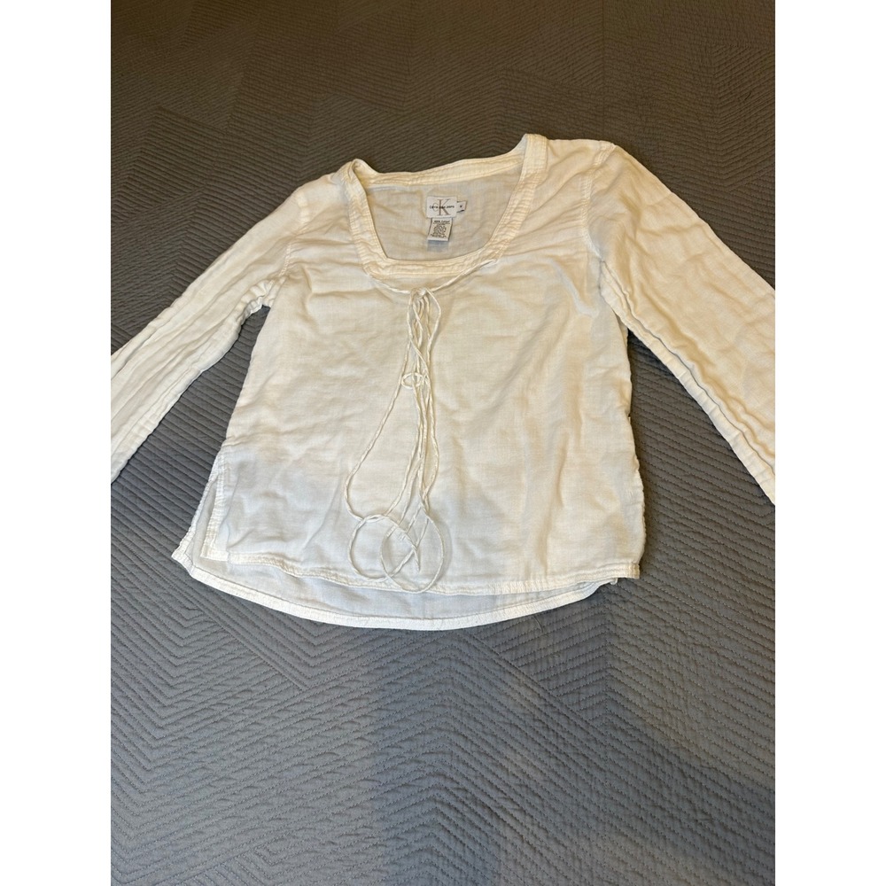 Calvin Klein Jeans White Cotton Gauze Tie Front Long Sleeve Top Womens Medium